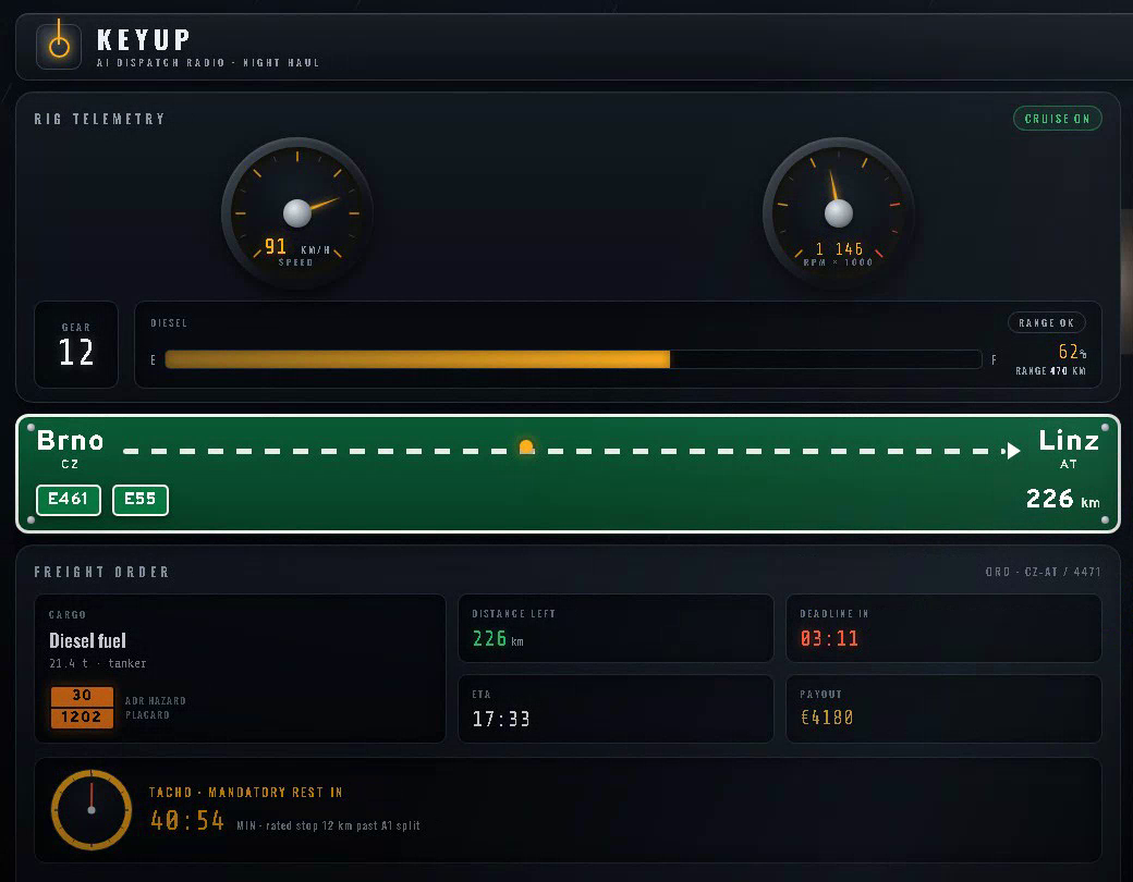 KEYUP in-game dashboard — rig telemetry and freight order overlay